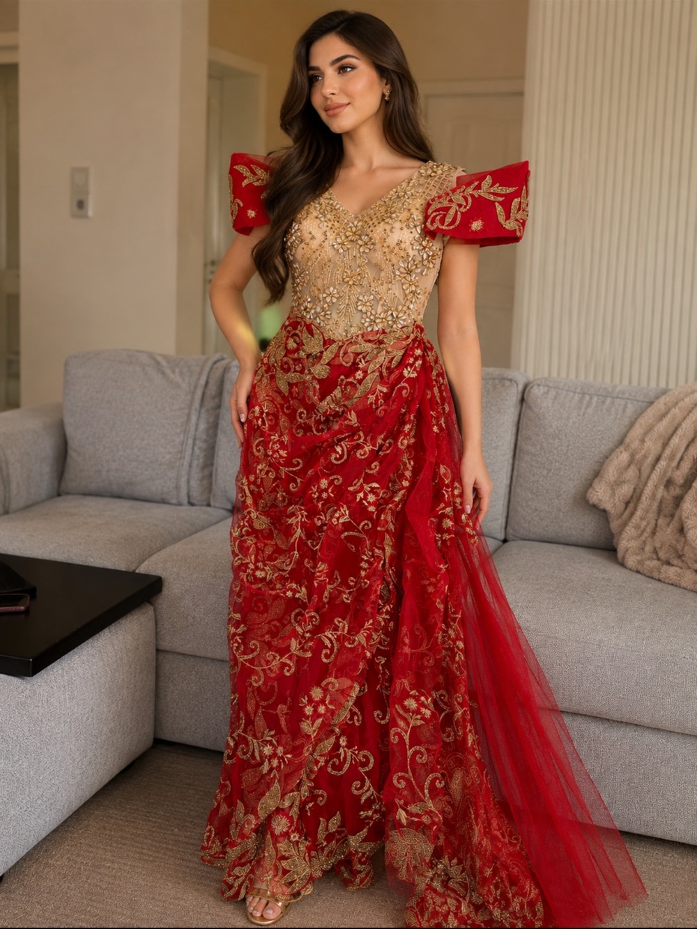 Red and Gold Embroidered Evening Gown - Elegant Women's Dress